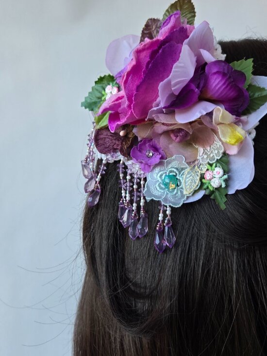 Handmade Velvet Rose Hair Clip Beaded Fringe Flapper Style Dollette Fairycore main image 4